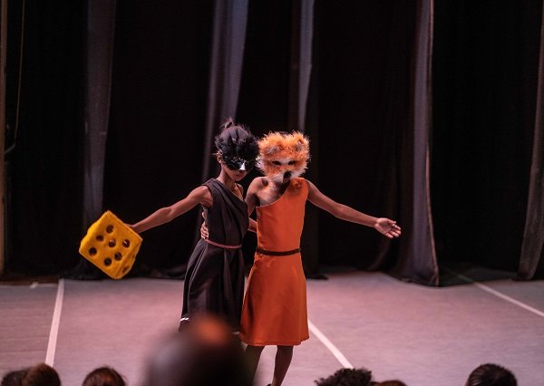 The Fox and the Crow, with the cheese, on stage